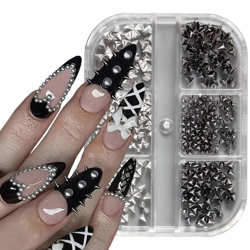 YKZFUI Punk Bullet Rivet Nail Charm 3D Alloy Flat Bottomed Pointed Cone Mixed Black Silver Nail Art Rhinestones Studs Goth Nail Art Charm Spike Nails for Women DIY Nail Decoration Accessories Crafts 6 Grids - Image 3
